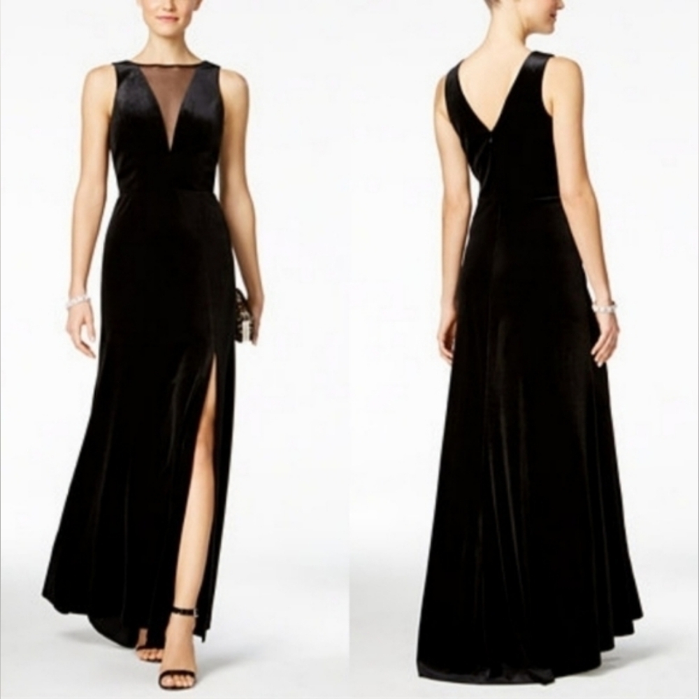 Black Velvet Plunging Illusion Neck Frontal Side Slit Formal Gown Sz. 10 NWT